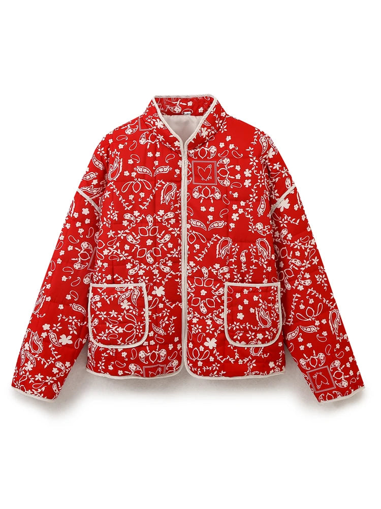 Women Coats and Jackets - Mandarin Collar Eclectic Flower Print Shacket Solid Trim