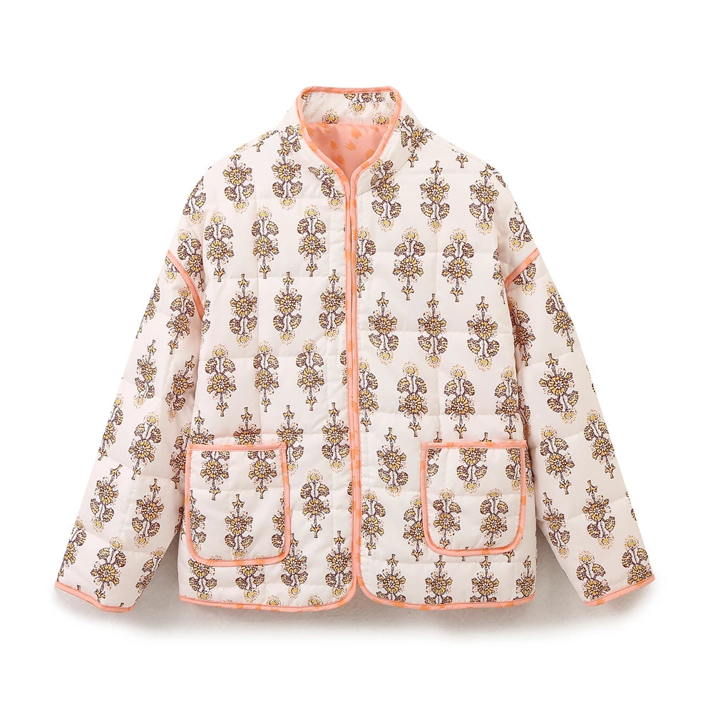 Women Coats and Jackets - Mandarin Collar Eclectic Flower Print Shacket Solid Trim