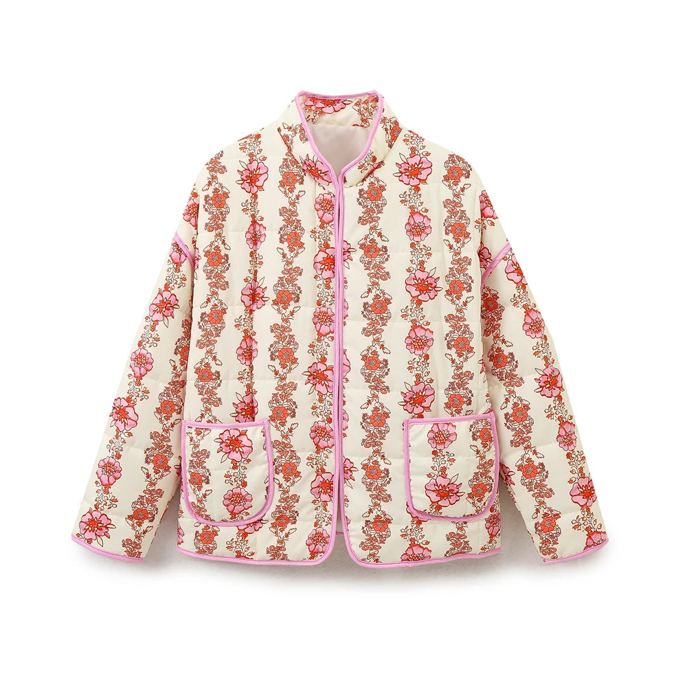 Women Coats and Jackets - Mandarin Collar Eclectic Flower Print Shacket Solid Trim