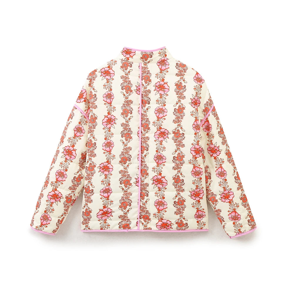 Women Coats and Jackets - Mandarin Collar Eclectic Flower Print Shacket Solid Trim