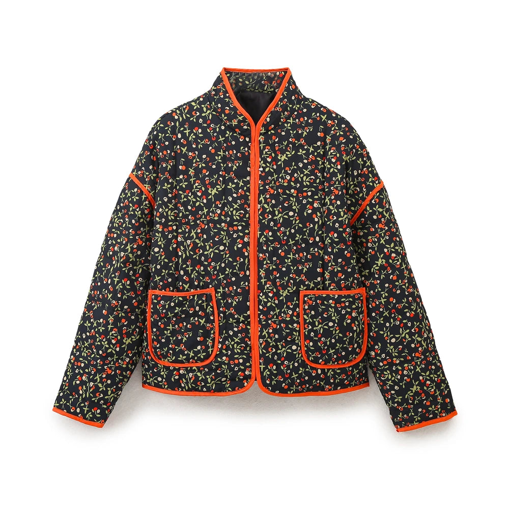 Women Coats and Jackets - Mandarin Collar Eclectic Flower Print Shacket Solid Trim