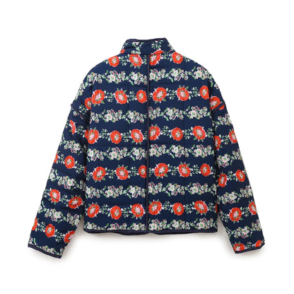 Women Coats and Jackets - Mandarin Collar Eclectic Flower Print Shacket Solid Trim