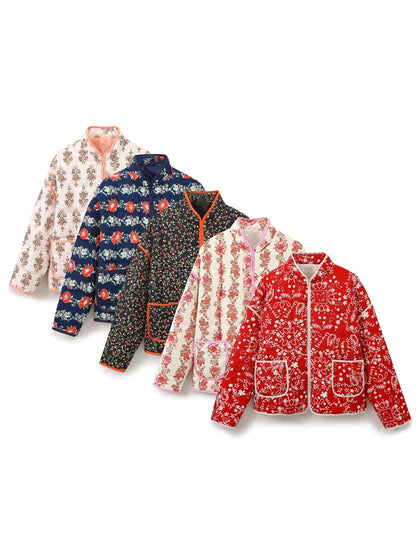 Women Coats and Jackets - Mandarin Collar Eclectic Flower Print Shacket Solid Trim