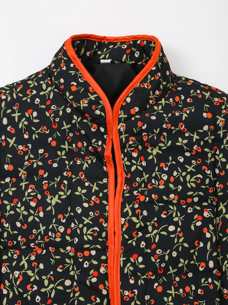 Women Coats and Jackets - Mandarin Collar Eclectic Flower Print Shacket Solid Trim