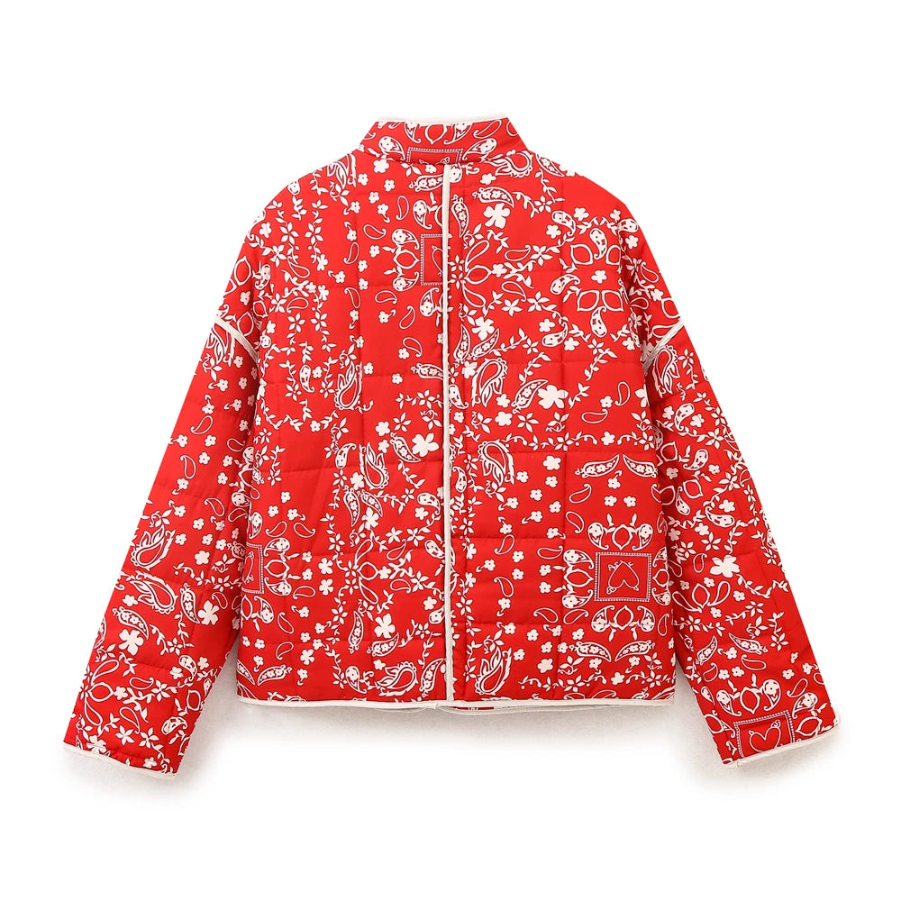 Women Coats and Jackets - Mandarin Collar Eclectic Flower Print Shacket Solid Trim