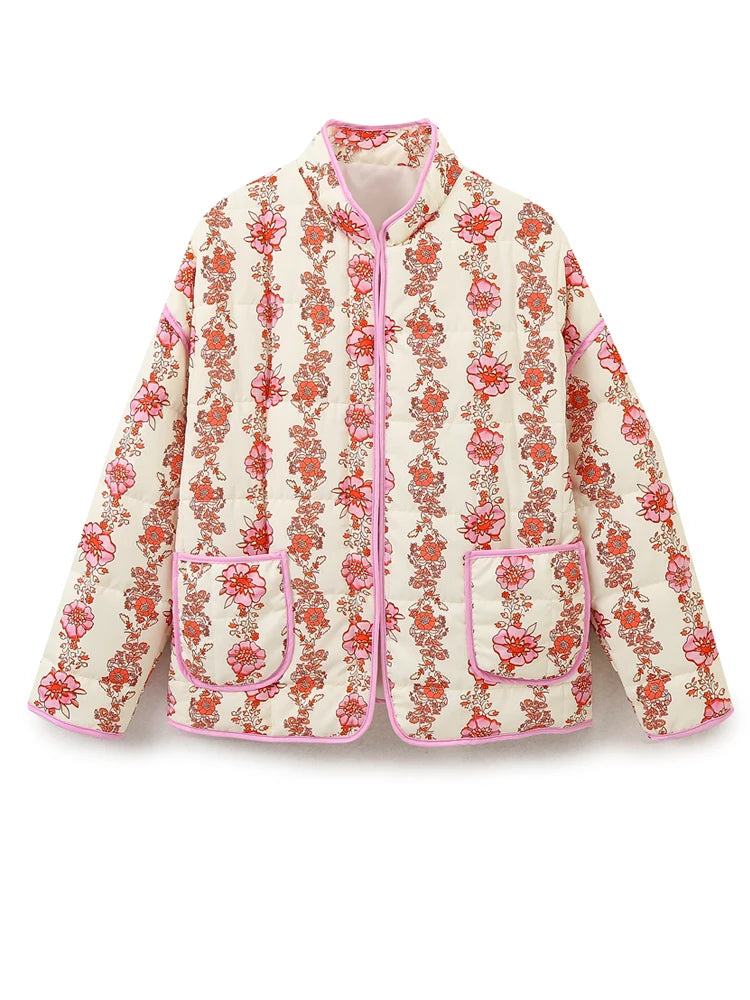 Women Coats and Jackets - Mandarin Collar Eclectic Flower Print Shacket Solid Trim