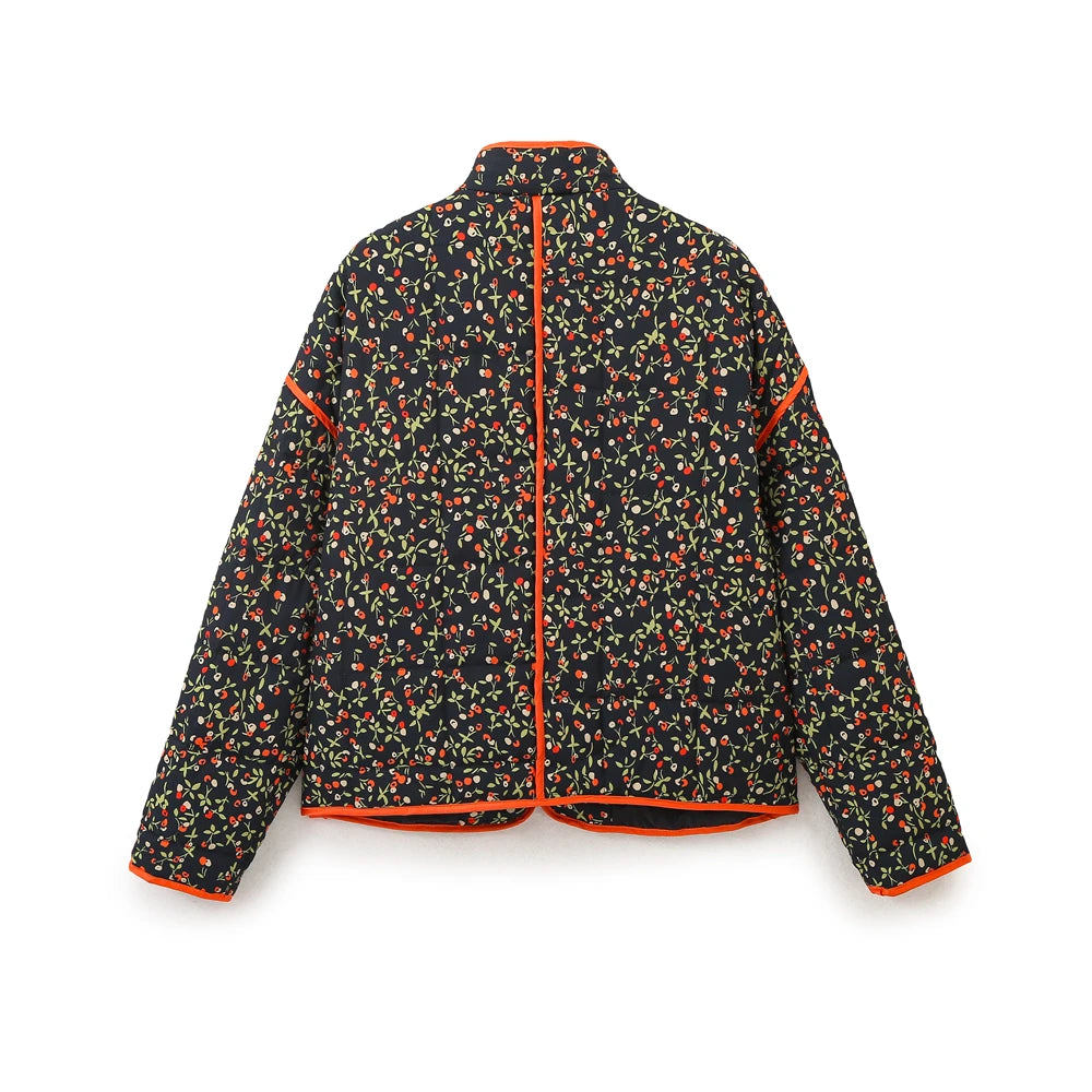 Women Coats and Jackets - Mandarin Collar Eclectic Flower Print Shacket Solid Trim