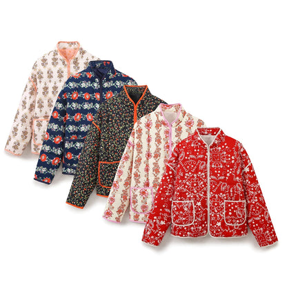 Women Coats and Jackets - Mandarin Collar Eclectic Flower Print Shacket Solid Trim