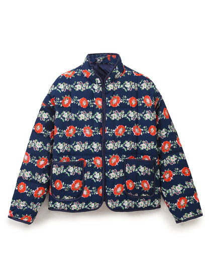 Women Coats and Jackets - Mandarin Collar Eclectic Flower Print Shacket Solid Trim