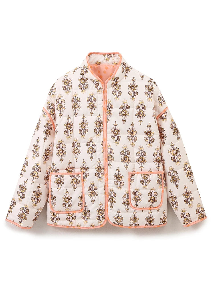 Women Coats and Jackets - Mandarin Collar Eclectic Flower Print Shacket Solid Trim