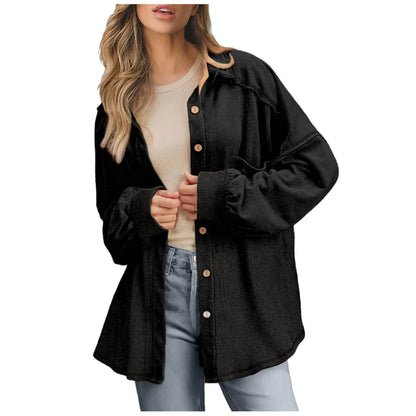 Women Coats and Jackets - Oversized Textured Fashion Shacket Button Down Contrast