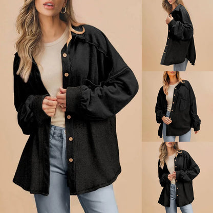 Women Coats and Jackets - Oversized Textured Fashion Shacket Button Down Contrast