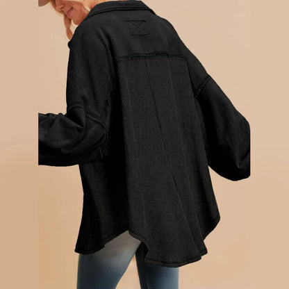 Women Coats and Jackets - Oversized Textured Fashion Shacket Button Down Contrast