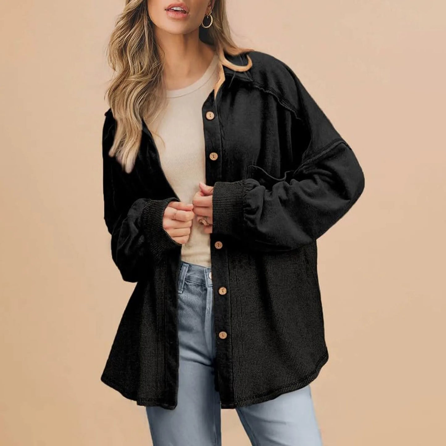 Women Coats and Jackets - Oversized Textured Fashion Shacket Button Down Contrast