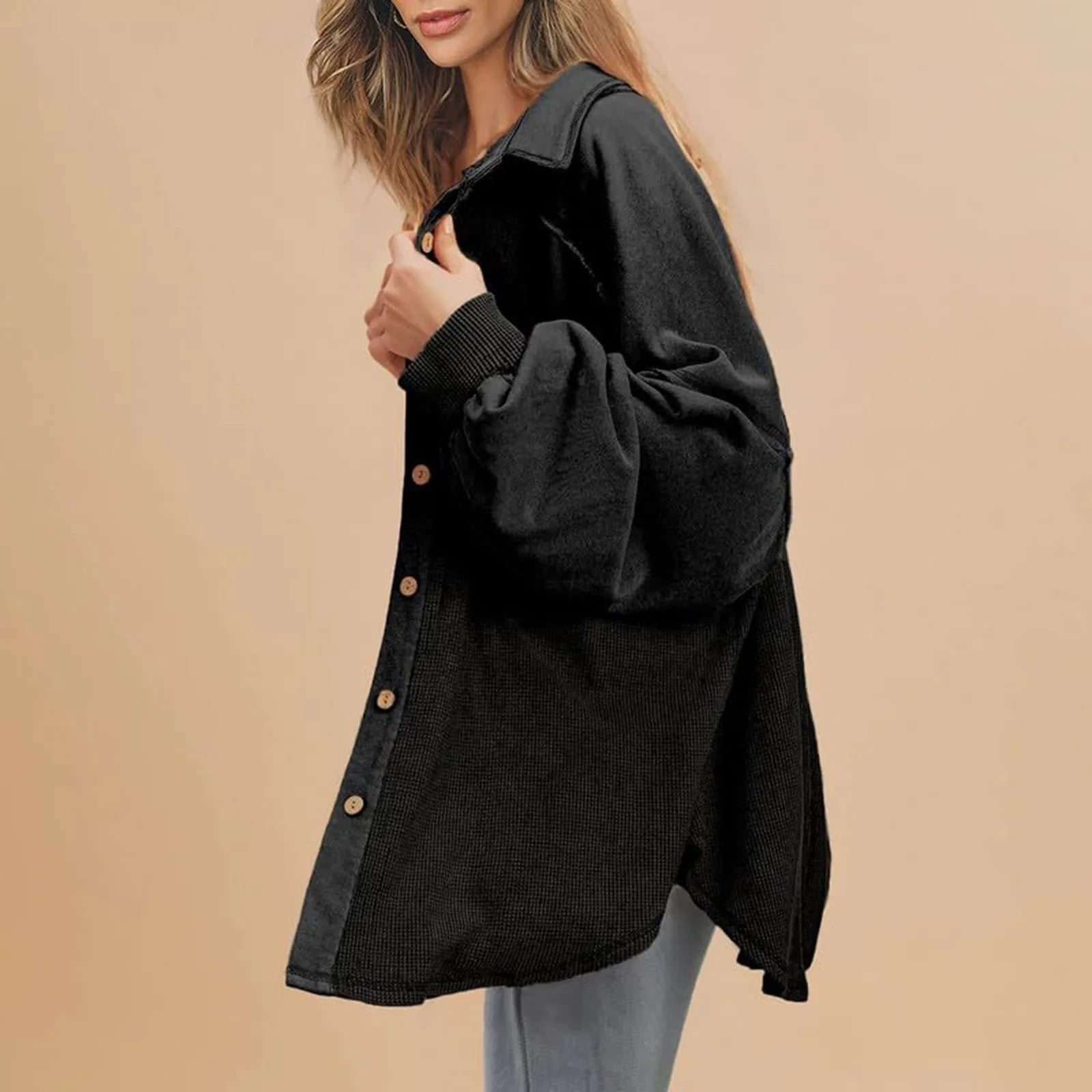 Women Coats and Jackets - Oversized Textured Fashion Shacket Button Down Contrast