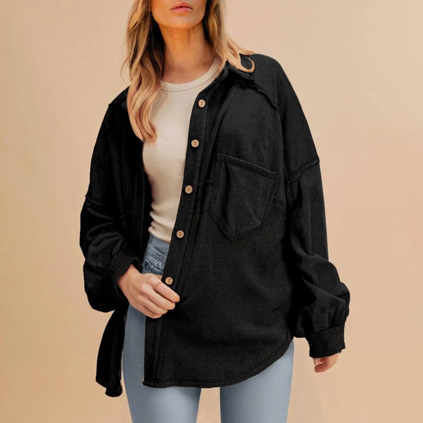 Women Coats and Jackets - Oversized Textured Fashion Shacket Button Down Contrast