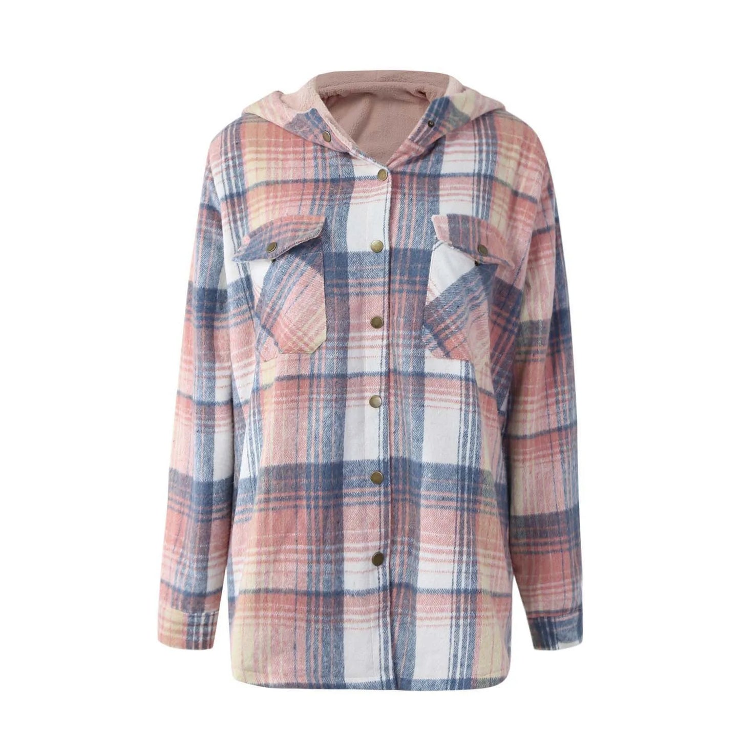 Women Coats and Jackets - Snap-Up Plaid Shacket with Warm Lining