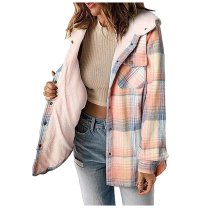 Women Coats and Jackets - Snap-Up Plaid Shacket with Warm Lining