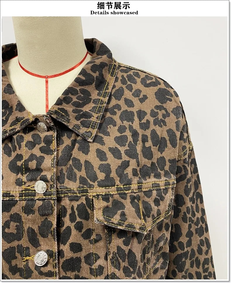 Women Coats and Jackets - Trendy Leopard Casual Denim Coat