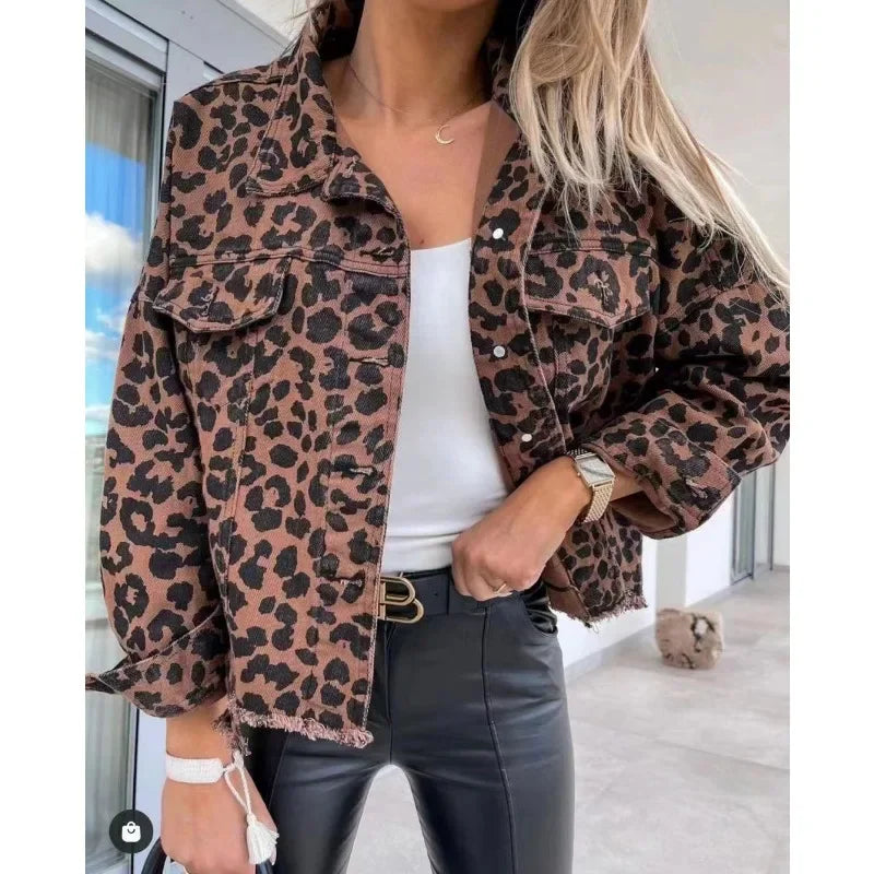 Women Coats and Jackets - Trendy Leopard Casual Denim Coat