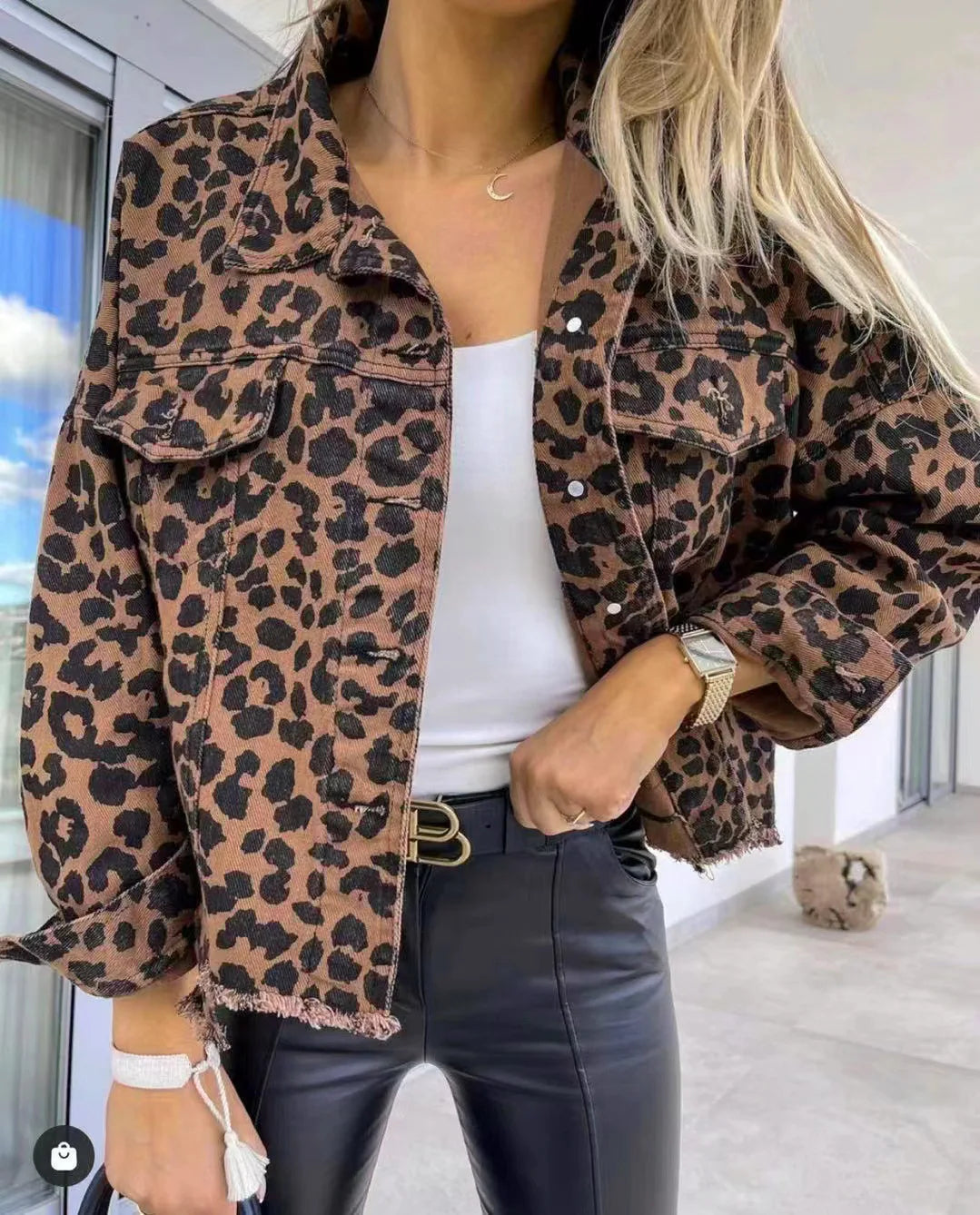 Women Coats and Jackets - Trendy Leopard Casual Denim Coat