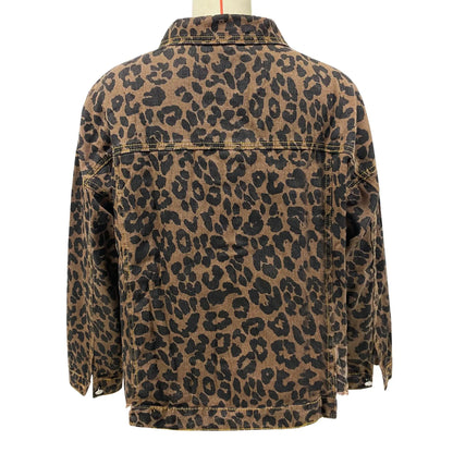 Women Coats and Jackets - Trendy Leopard Casual Denim Coat