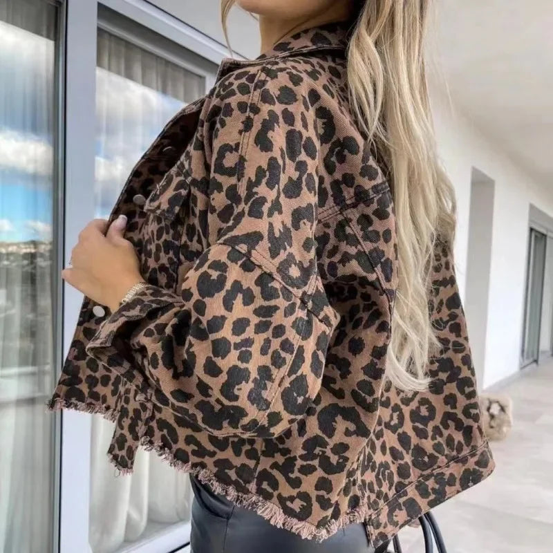 Women Coats and Jackets - Trendy Leopard Casual Denim Coat