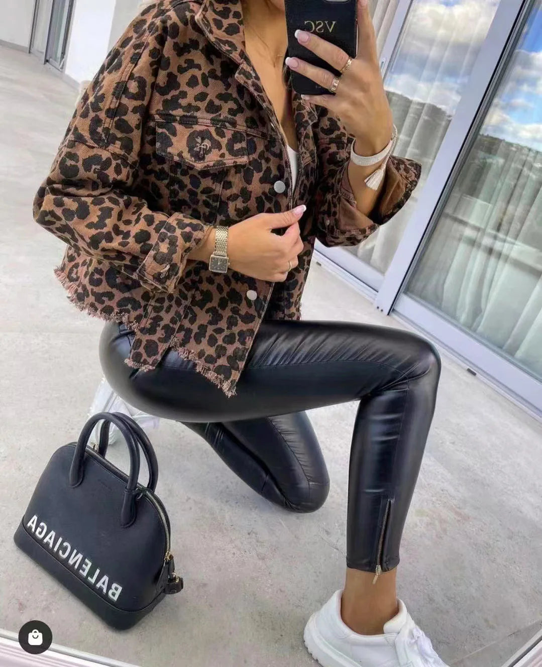 Women Coats and Jackets - Trendy Leopard Casual Denim Coat