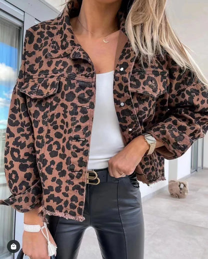 Women Coats and Jackets - Trendy Leopard Casual Denim Coat