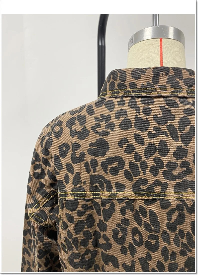 Women Coats and Jackets - Trendy Leopard Casual Denim Coat