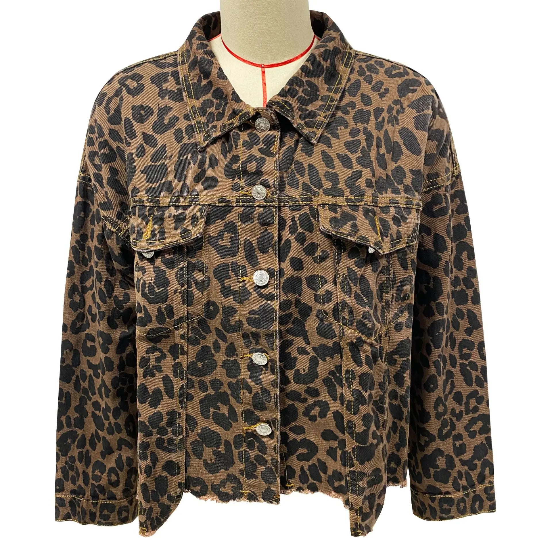 Women Coats and Jackets - Trendy Leopard Casual Denim Coat