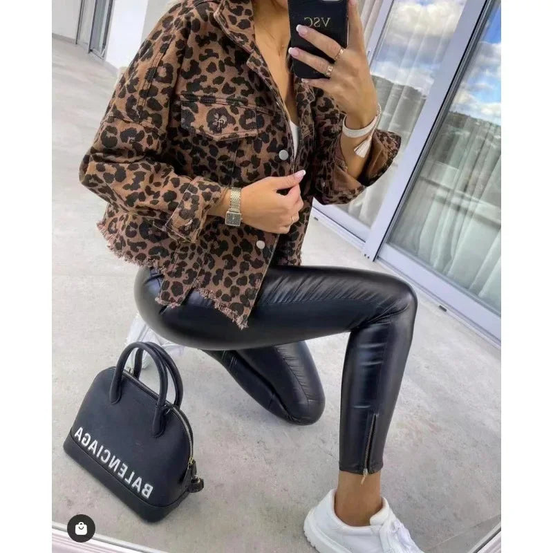 Women Coats and Jackets - Trendy Leopard Casual Denim Coat