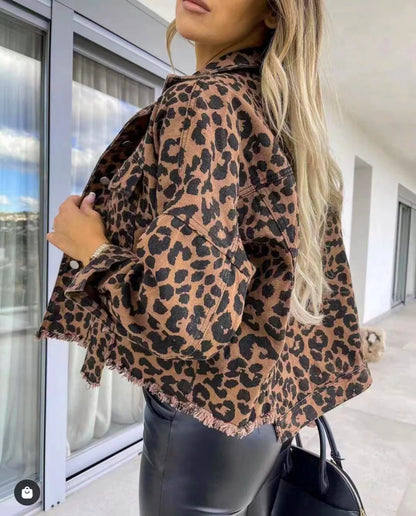 Women Coats and Jackets - Trendy Leopard Casual Denim Coat