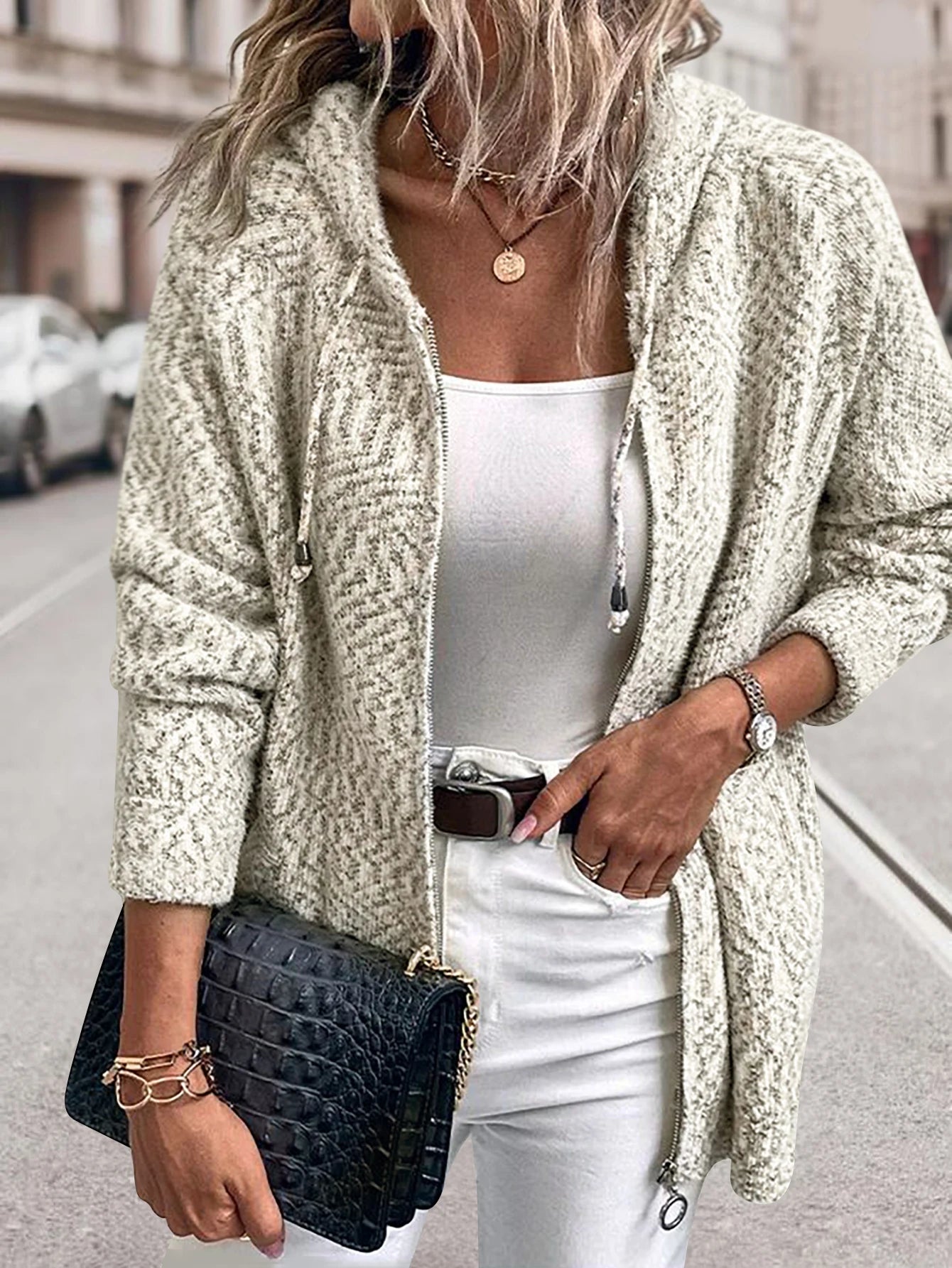 Women Hoodies - Casual Long Sleeve Hooded Knitted Zipper Sweater