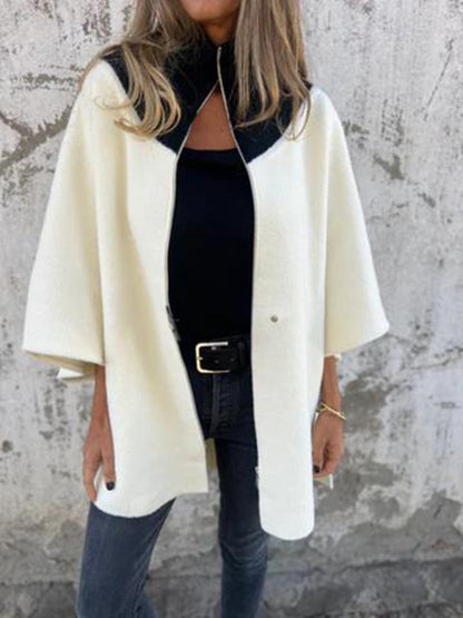 Women Jackets - Kimono Sleeve Fleece Cape Zip-Up Jacket