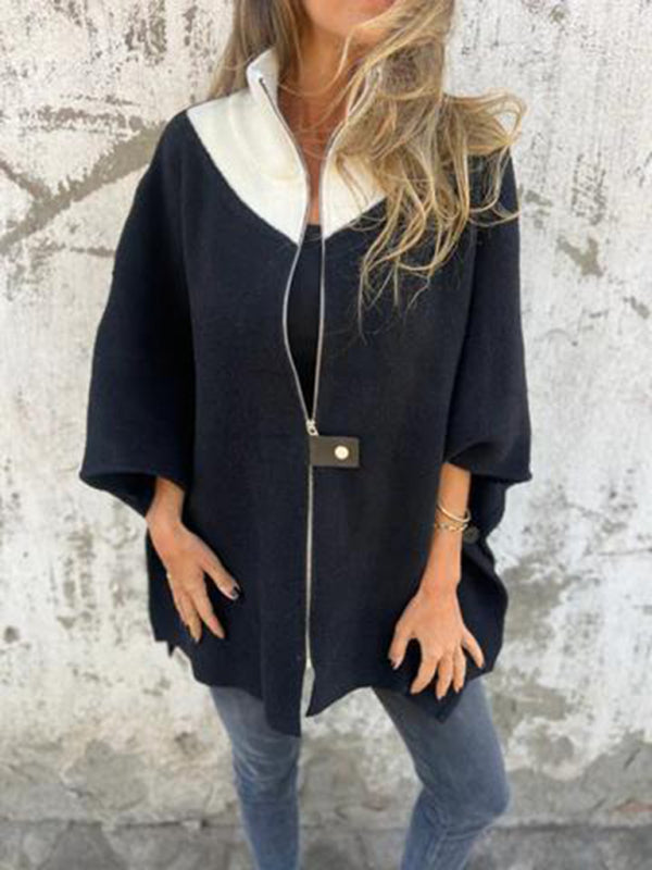 Women Jackets - Kimono Sleeve Fleece Cape Zip-Up Jacket