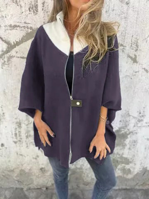 Women Jackets - Kimono Sleeve Fleece Cape Zip-Up Jacket