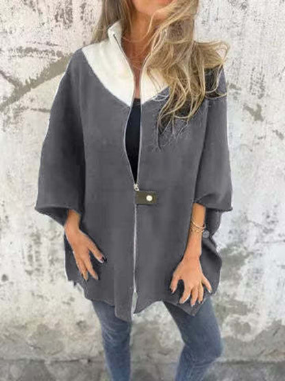 Women Jackets - Kimono Sleeve Fleece Cape Zip-Up Jacket