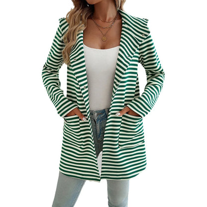 Women Raincoats - Long Sleeve Hooded Bi-color Striped Raincoat