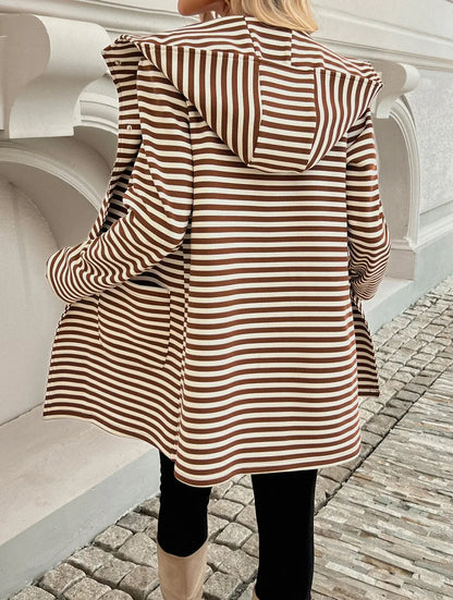 Women Raincoats - Long Sleeve Hooded Bi-color Striped Raincoat