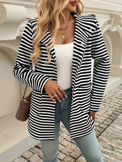 Women Raincoats - Long Sleeve Hooded Bi-color Striped Raincoat