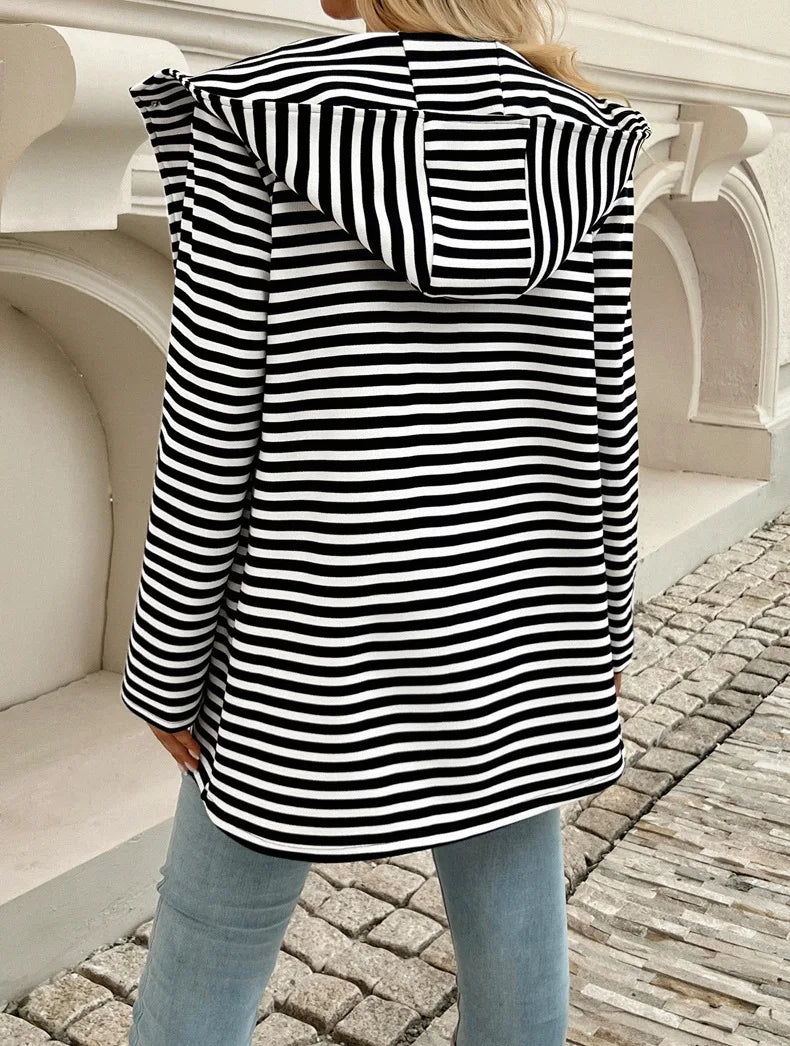 Women Raincoats - Long Sleeve Hooded Bi-color Striped Raincoat