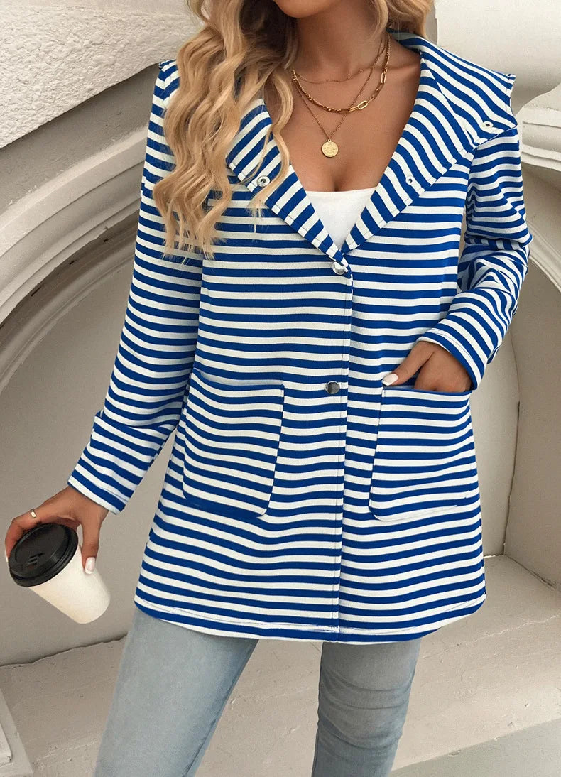 Women Raincoats - Long Sleeve Hooded Bi-color Striped Raincoat