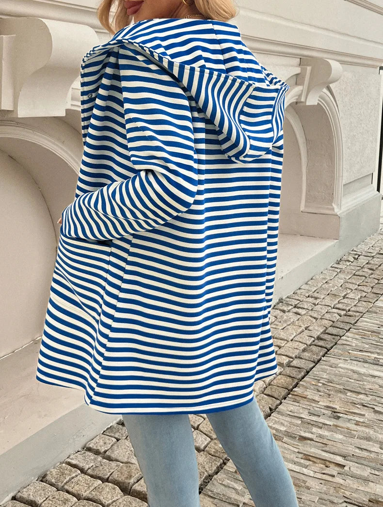 Women Raincoats - Long Sleeve Hooded Bi-color Striped Raincoat