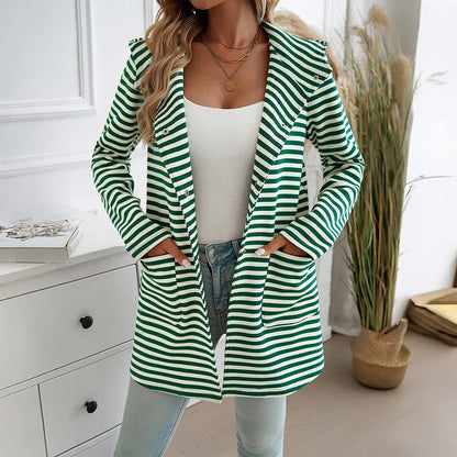 Women Raincoats - Long Sleeve Hooded Bi-color Striped Raincoat