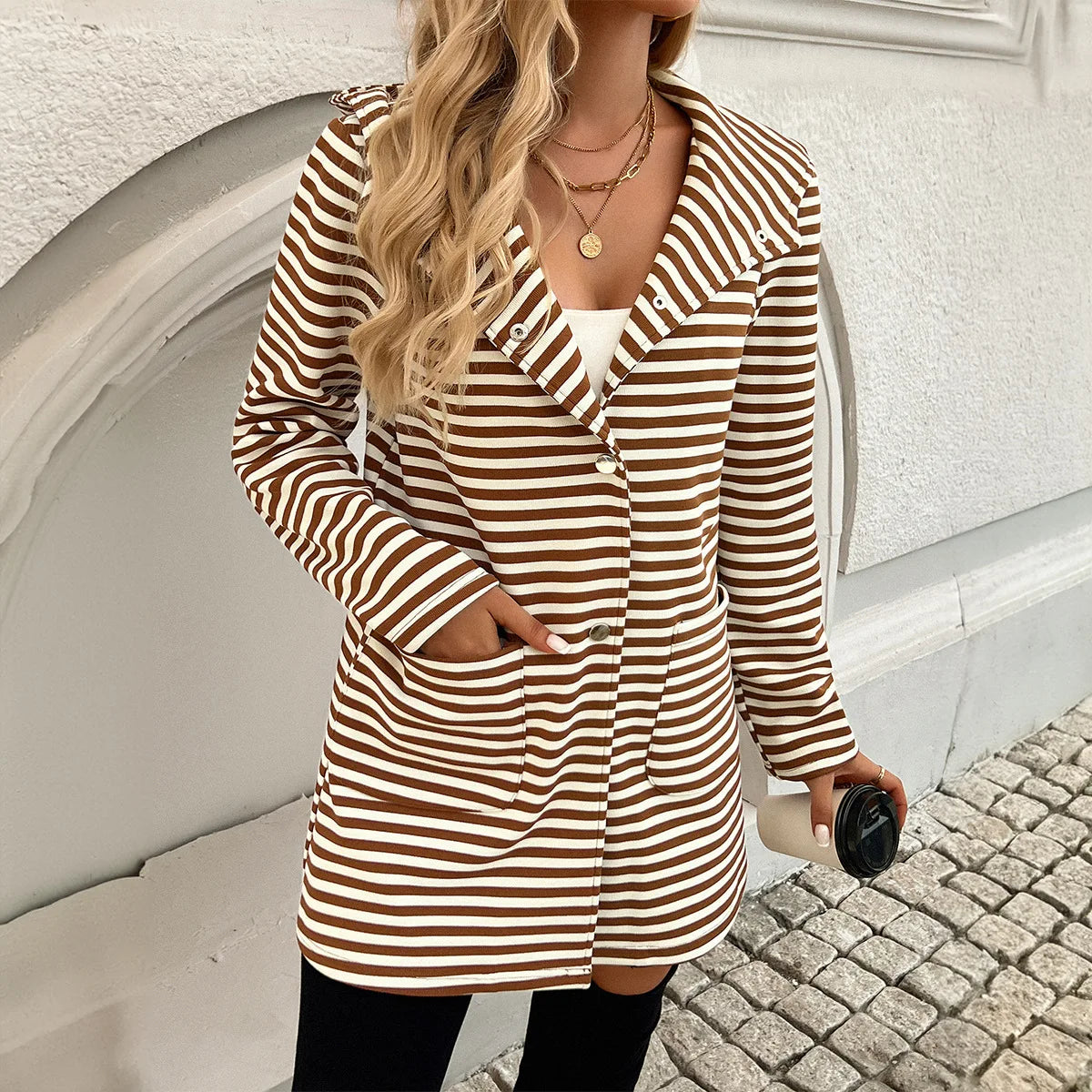 Women Raincoats - Long Sleeve Hooded Bi-color Striped Raincoat