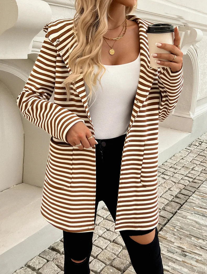 Women Raincoats - Long Sleeve Hooded Bi-color Striped Raincoat