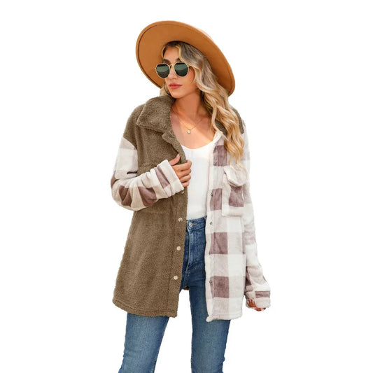 Women Shackets- Button-Up Plush and Plaid Shacket