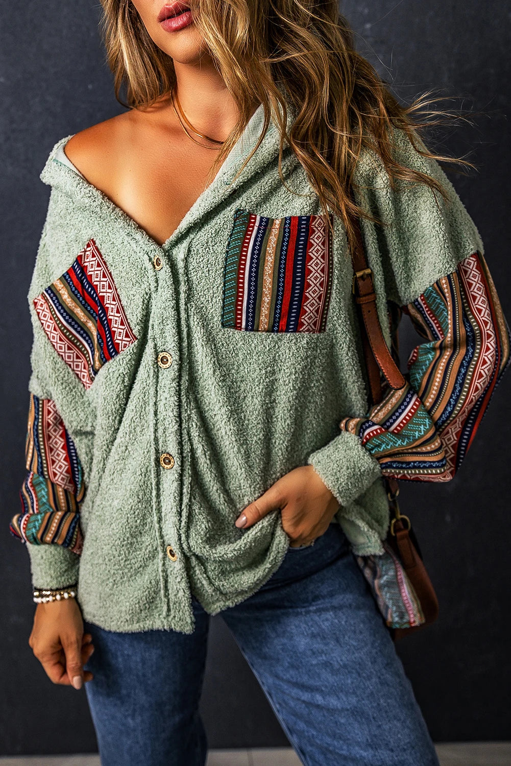 Women Shackets - Cozy Plush Ethnic Work-Patch Hooded Shackets – Boho Shackets