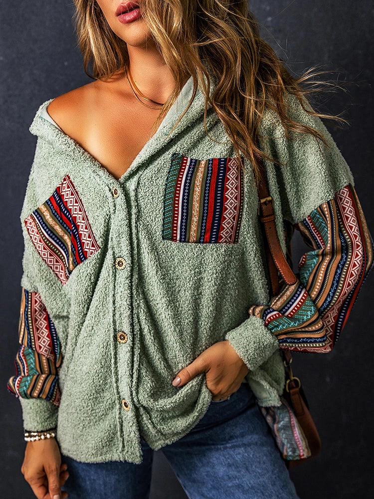 Women Shackets - Cozy Plush Ethnic Work-Patch Hooded Shackets – Boho Shackets